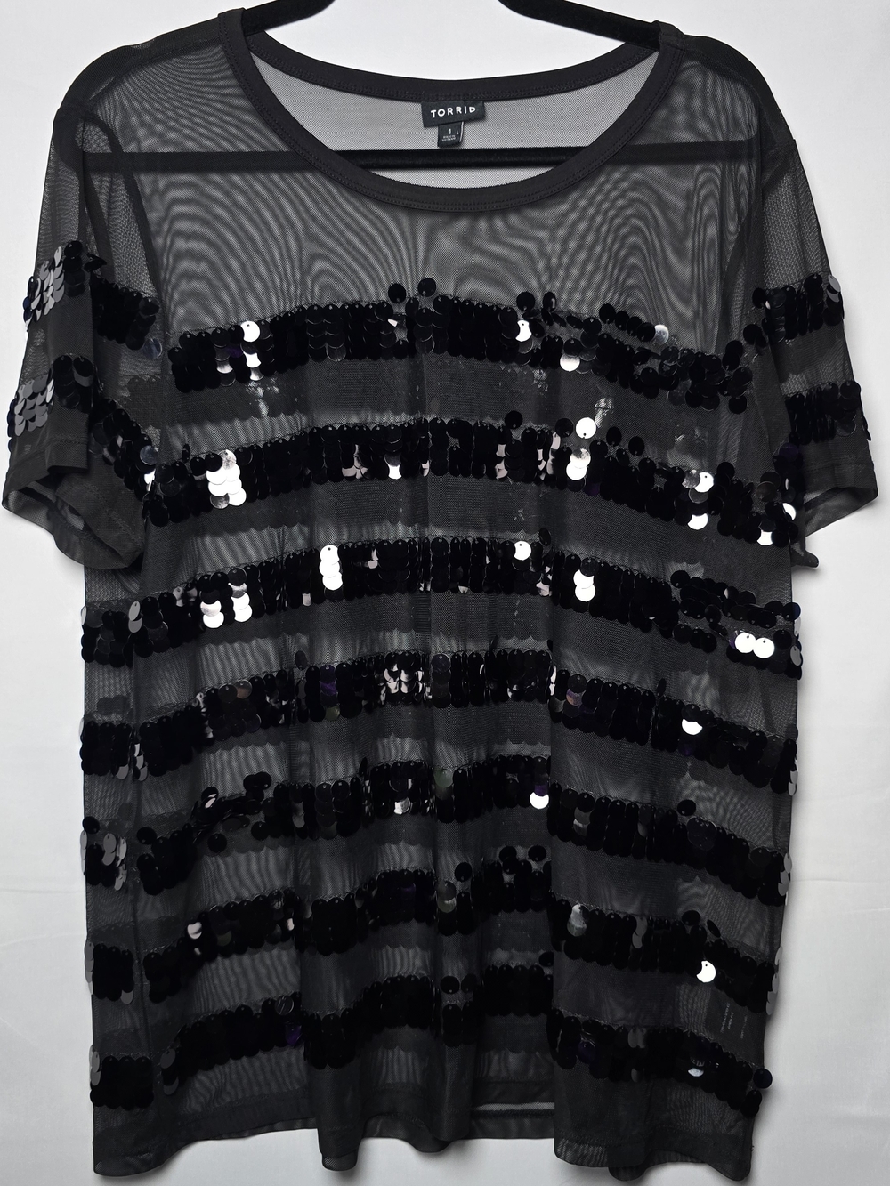 Torrid Black Sequin Stripe Mesh Short Sleeve Top, Sz 1x - Picture 1 of 6